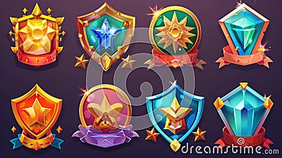 Rank badges for games isolated on a black background. Modern cartoon illustration of insignia emblems of different Cartoon Illustration