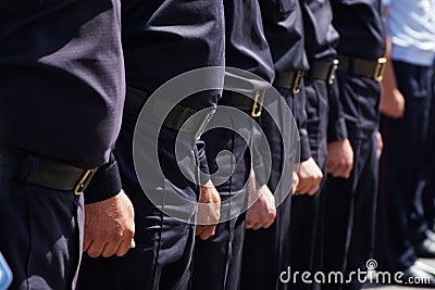 The rank of the squad of Russian police officers on a city street or square. Problems of opposition rallies, detentions, arrests Stock Photo