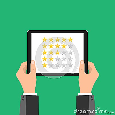 Ranking on tablet. Hands holding black tablet with yellow rank stars on screen. Man chooses stars for review and rating. Concept Vector Illustration