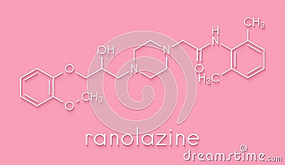 Ranolazine antianginal drug molecule. Used in treatment of chronic angina pectoris. Skeletal formula. Stock Photo