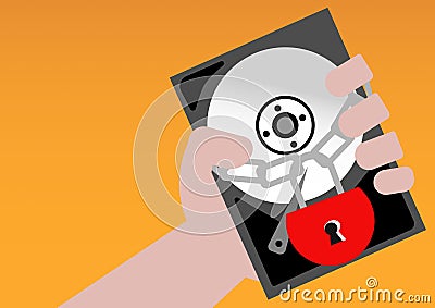 The hand is grasping the hard disk that is wrapped in a chain and locked the key. Vector Illustration