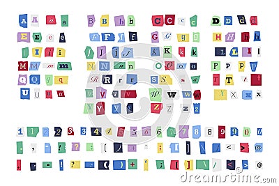 Ransom font. Colorful criminal uppercase and lowercase letters numbers and punctuation marks, cutout blackmail alphabet Vector Vector Illustration