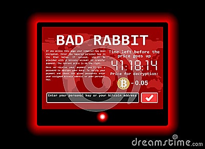 Bad rabbit ransomware computer virus encrypter cyber attack screen illustration Cartoon Illustration