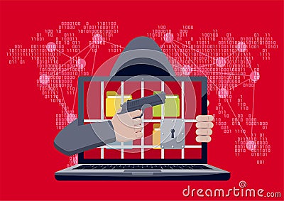 Ransomware with hacker pointing gun Vector Illustration