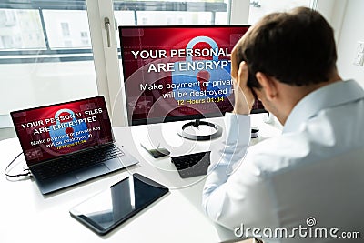 Ransomware Malware Attack. Business Computer Hacked Stock Photo