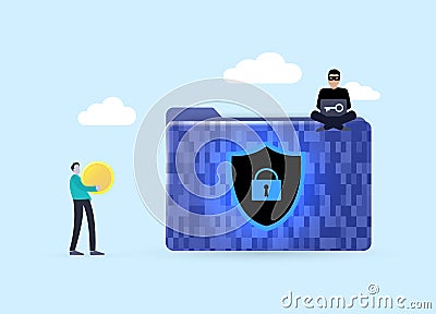 Ransomware program, encryptor of personal files and folders. The character is holding a coin to give it to a hacker to Vector Illustration