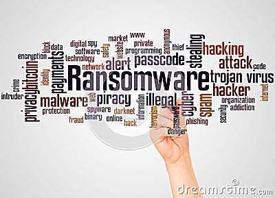 Ransomware word cloud and hand with marker concept Stock Photo