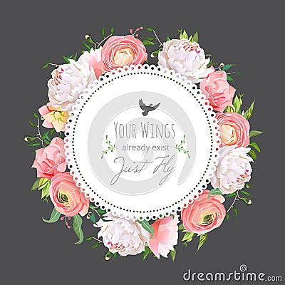 Ranunculus, peony, rose, carnation, green plants round vector design frame Vector Illustration