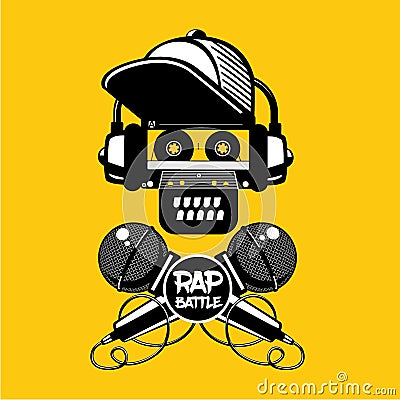 Rap battle sign with skull and two microphones. Retro style illustration. Hip-hop party. Vector Illustration