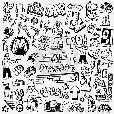 Rap, hip hop , graffiti - doodles set Vector Illustration