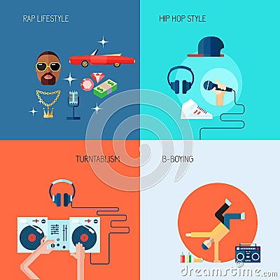 Rap music icons set flat Vector Illustration