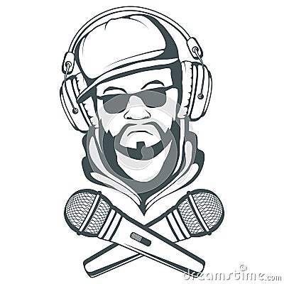 Rap music logo. Rapper skull on white background. Lettering with a microphone. Vector Illustration