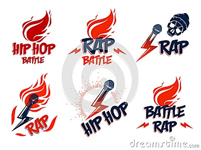 Rap music vector logos or emblems set with microphone in hand flames and lightning bolt, hot Hip Hop rhymes festival concert or Vector Illustration