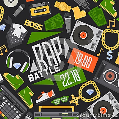 Rap music vector seamless pattern dj playing disco on turntable sound record illustration backdrop of rap cap discjockey Vector Illustration