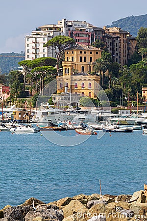 Historic seaside town of Rapallo facing the sea with port. Many boats moored in the marina. Editorial Stock Photo