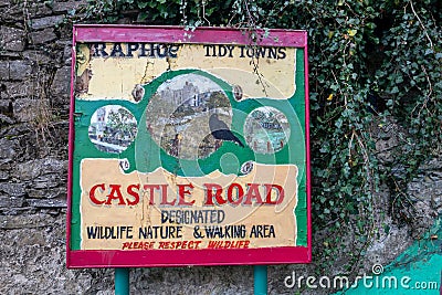 Raphoe, Ireland - October 11 2021 : Historic Sign explaining the wildlife nature and wlking area at Castle Road Editorial Stock Photo