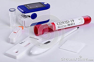 Rapid Covid-19 coronavirus test kit for antibody or sars-cov-2 virus disease and epidemic concept background Stock Photo