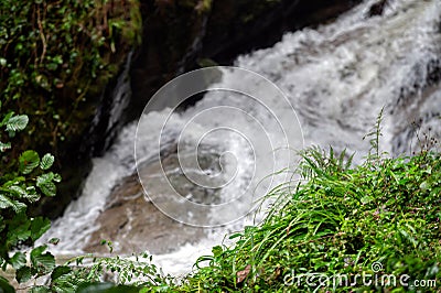 Rapid and powerful water flow between large rocks in cold mountain river, closeup Stock Photo