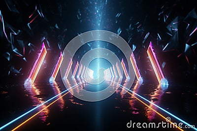Rapid space journey Neon arrows guide with swift directional movement during flight Stock Photo