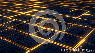 Rapidly scrolling blue text and programming symbols overlap on a deep black digital grid Stock Photo