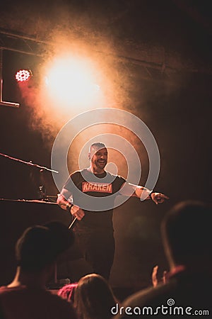 Rapper Locus DuoKie singing at a touring concert in Barcelona with the audience Editorial Stock Photo