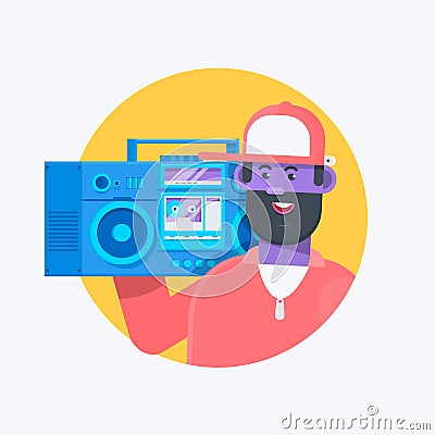 Rapper musician in a baseball cap with boombox. Fashionable hip hop man dude. Flat vector character illustration Vector Illustration