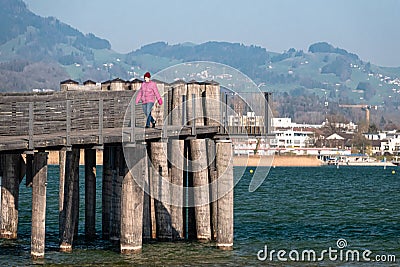 Wooden bridge from Hurden to Rapperswil Editorial Stock Photo