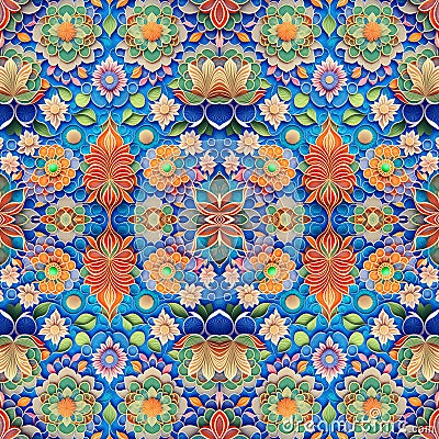 Pattern of artistic flourishes intricate shapes for tapestry rapport in blue background. Generative AI Stock Photo