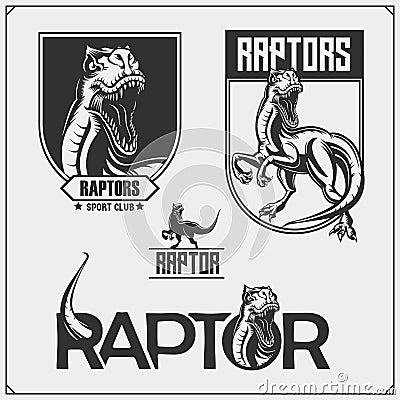 Raptor dinosaur mascot. Raptor emblems and logos for sport-club. Print design for t-shirt. Vector Illustration