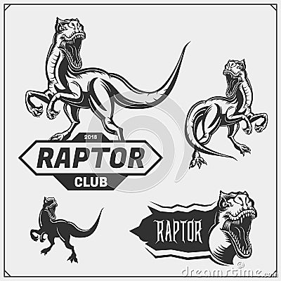 Raptor dinosaur mascot. Raptor emblems and logos for sport-club. Print design for t-shirt. Vector Illustration