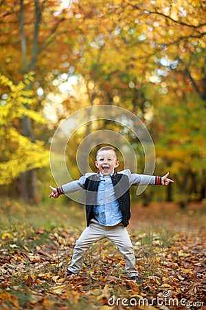 Rapturous and happy child boy stands in autumn forest Stock Photo