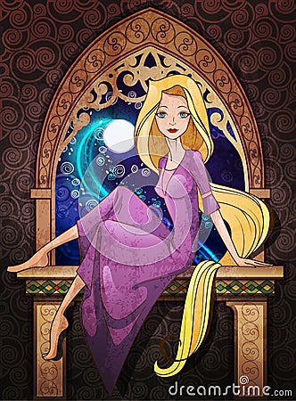 Rapunzel fairy tale character sitting in front of the window Vector Illustration
