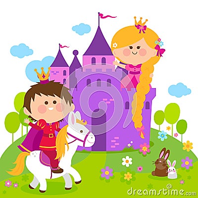 Rapunzel fairy tale princess at the castle and prince riding a horse. Vector illustration Vector Illustration