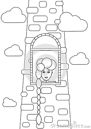 Rapunzel melancholy sad girl with long hair waiting from stone castle window. Big fairy old stone tower, Rapunzel woman and clouds Vector Illustration