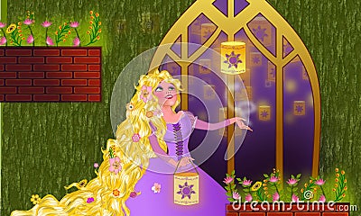 Rapunzel standing in her window Cartoon Illustration