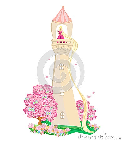 Rapunzel trapped at the top of the tower Vector Illustration
