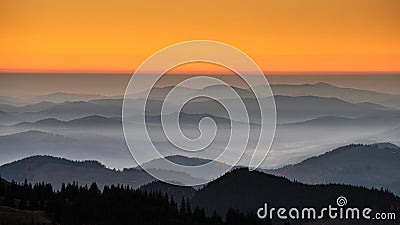 Rarau mountain , sunrise landscape in Romania with mist and mountains Stock Photo