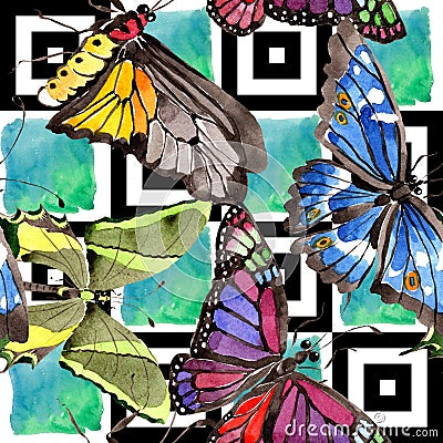 Rare butterflies wild insect in a watercolor style. Seamless background pattern. Fabric wallpaper print texture. Stock Photo
