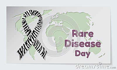 Rare Disease Day theme. Postcard or banner with a map cut out in paper, a zebra print ribbon and reminding an inscription. Vector Vector Illustration