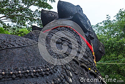 Rare profile of 350 year old monolithic statue of Nandi (Bull), Chamundi Hill, Mysore, India. Stock Photo