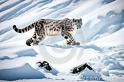 A rare sight of a snow leopard stealthily traversing a snow-covered Himalayan slope, its camouflage impeccable Stock Photo