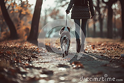 Rare view of a dog walks in the park with female owner leading the leash. Stock Photo