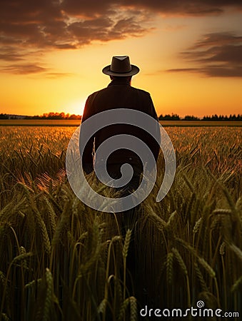 Rare view of a man in jacket and hat in the wheat field at sunset. Beautiful orange cloudy sky at backdrop. Generative AI Stock Photo