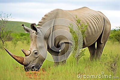 a rare white rhino grazing on grassland Stock Photo