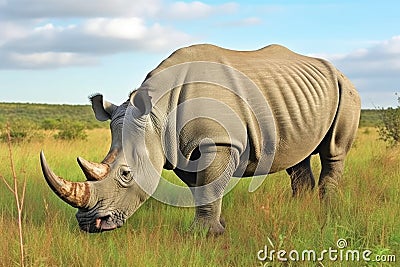 a rare white rhino grazing on grassland Stock Photo