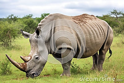 a rare white rhino grazing on grassland Stock Photo