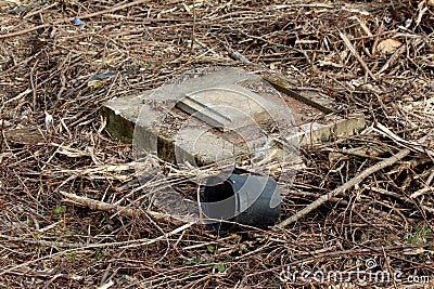 Rarely used abandoned old manhole with concrete foundation and rusted metal cover surrounded with cut down branches Stock Photo