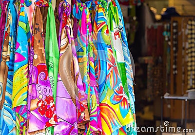 Lava-lava , Sarong for sale in tropical souvenir shop, Rarotonga, Aitutaki, Cook Islands. With selective focus Stock Photo