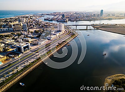 Ras Al Khaimah, United Arab Emirates - June 2, 2019: Ras al Khaimah corniche with mangroves aerial view Stock Photo