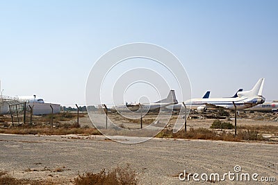 RAS AL KHAIMAH, UNITED ARAB EMIRATES - NOV 09th, 2017: Abandoned Airplane in the desert at Ras Al Khaima airport, shot Editorial Stock Photo